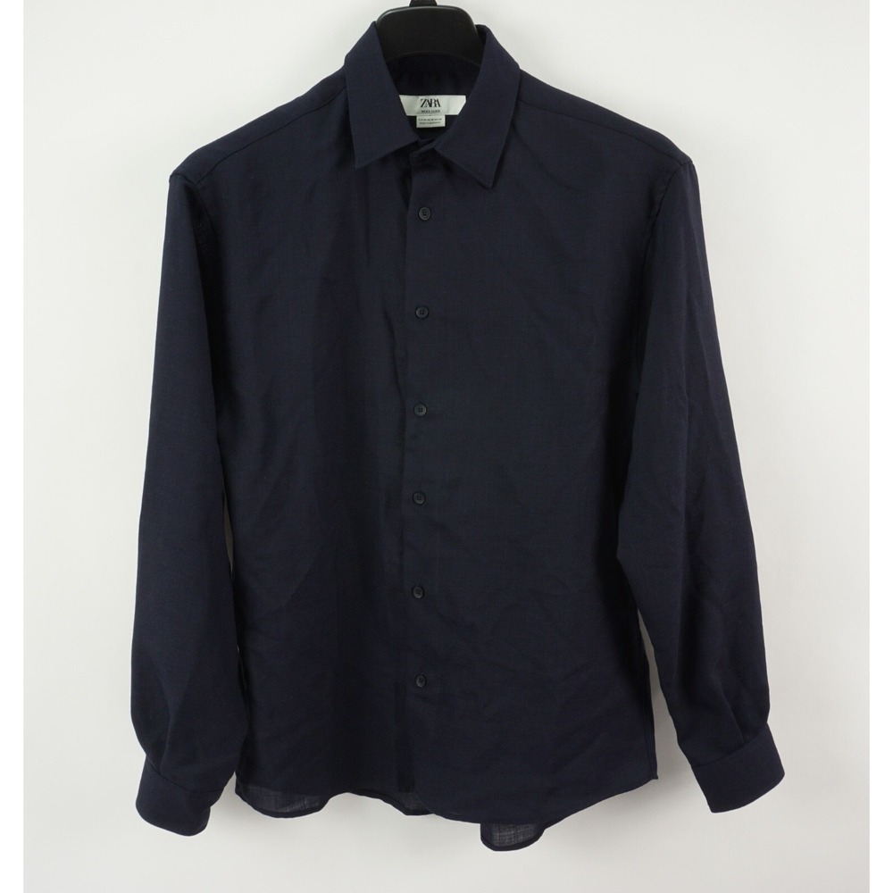Zara Wool Guide Shirt Men's Medium‎ Long Sleeve Blue Woven Lightweight Button Up